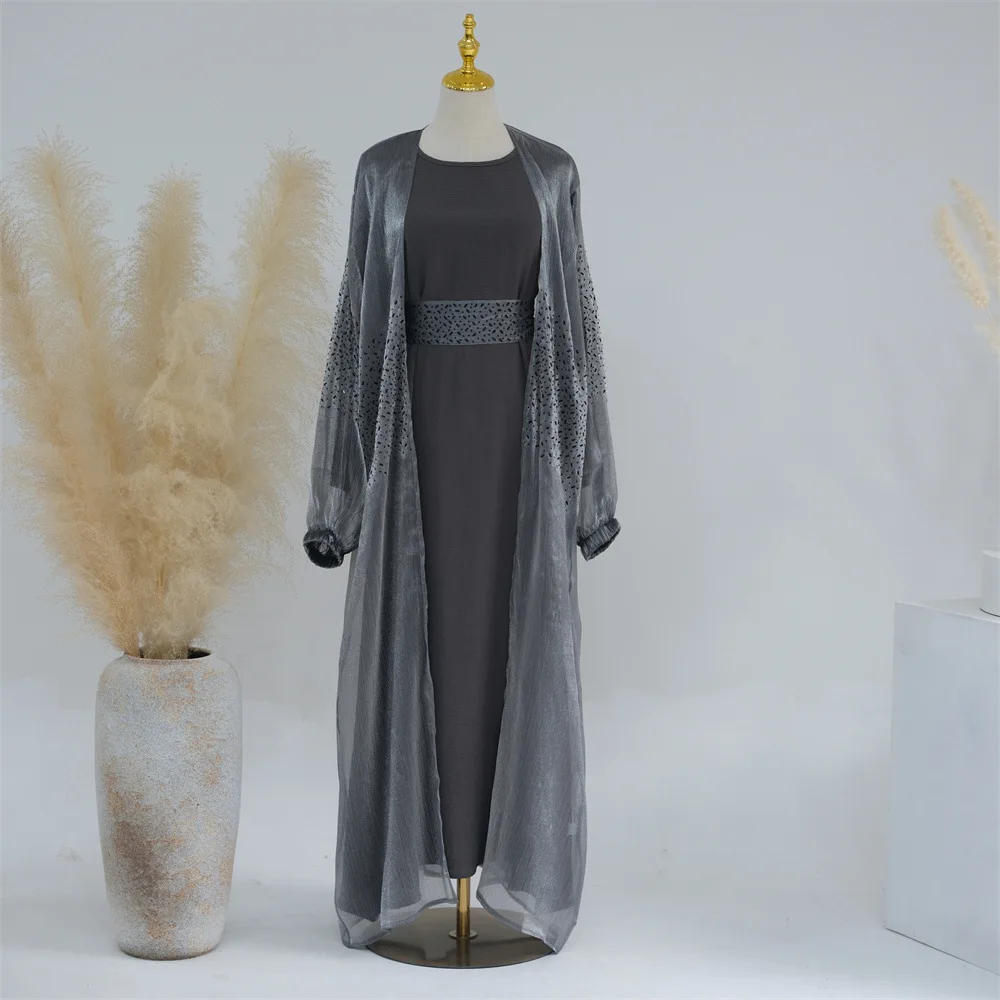

Spot Solid Colour Islamic Muslim Bubble Sleeve Robe Middle East Dubai abaya Women's Dress Cardigan