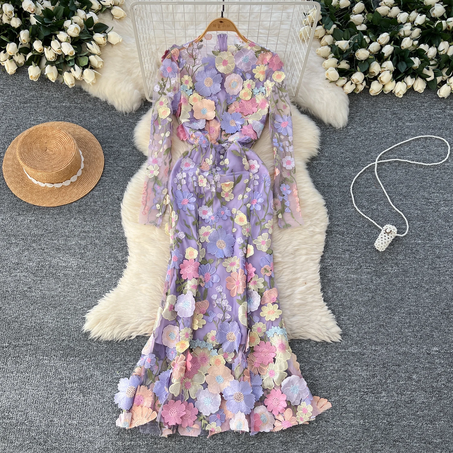 Elegant Three Dimensional Flower Slim Fit Fishtail Dress