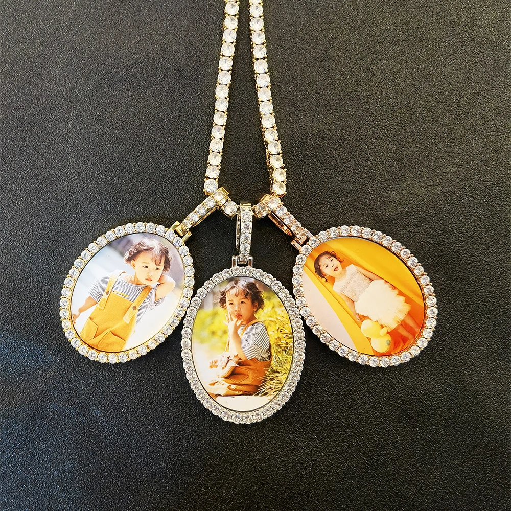 

Fashion Iced Out CZ Customized Photo Pendant with Oval Bling Hip Hop Rapper Memory Charm Necklace, Silver,gold,rose