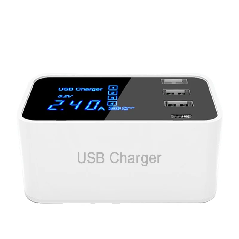 

40W 4 ports USB Charger LED Display Multi Type-C Charging Universal Mobile Phone Charger Adapter EU US Plug, White