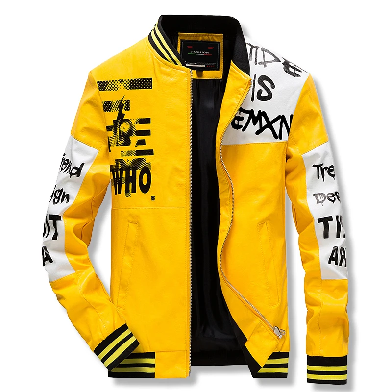 

2021hot sale printed Plus size male biker bomber letterman pu jackets mens yellow leather jacket for men, 3colors