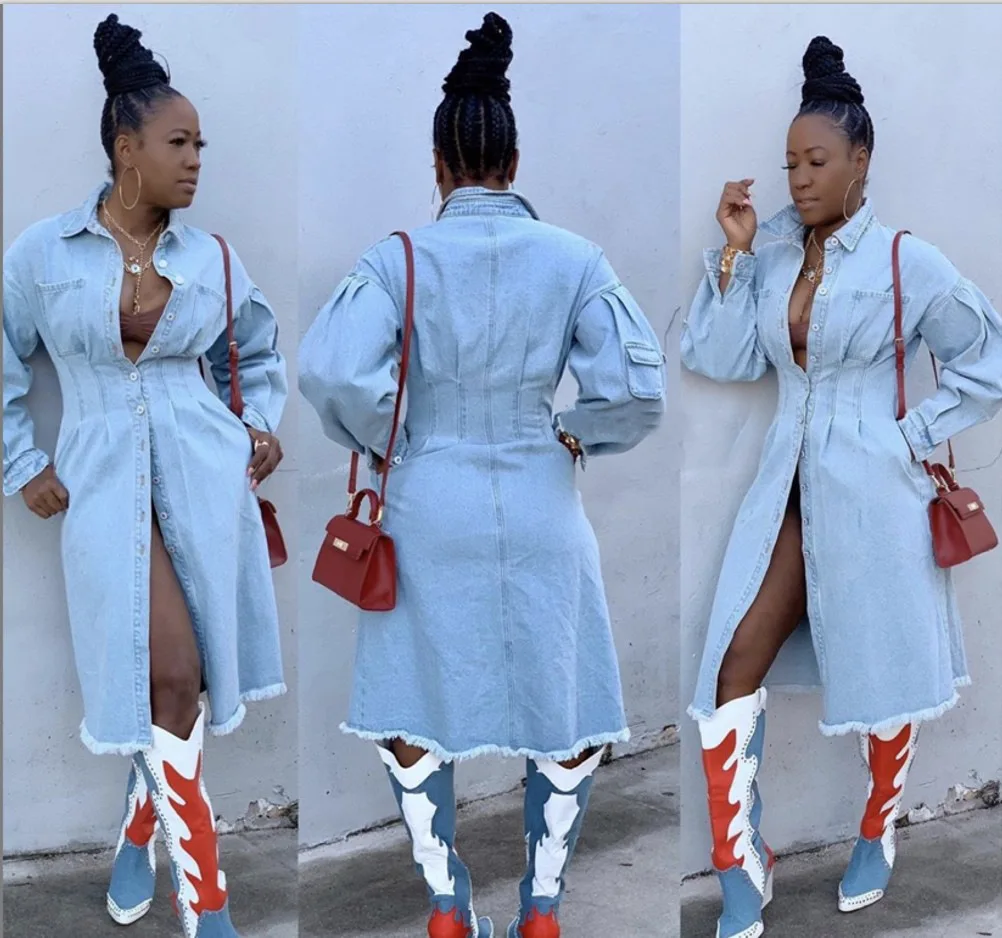

CL-019 womens spring autumn clothing 2020 solid color denim jacket woman casual long women coat long sleeve coat