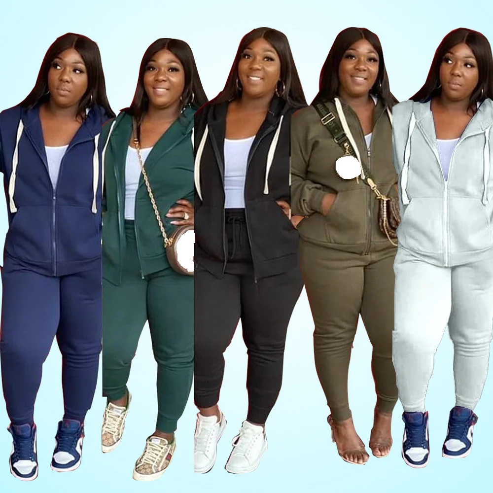 

BA514 2021 L-4XL Fall fashion solid color casual sport active wear hooded two piece set plus size tracksuit women clothing
