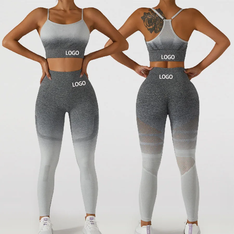 

Custom Tracksuit Women Ombre Hollow Out Seamless Leggings and Bra Set Gym Fitness Sets Sports Athletic Wear for Women