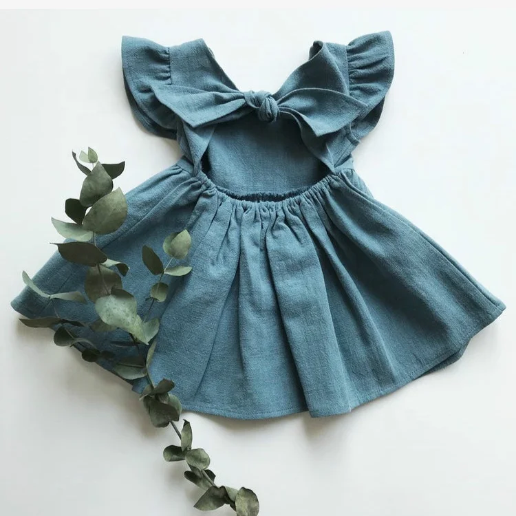

Toddler Baby Girl Dress Summer Solid Cotton Linen Halter Flutter Sleeve Bow Kids Casual Dresses