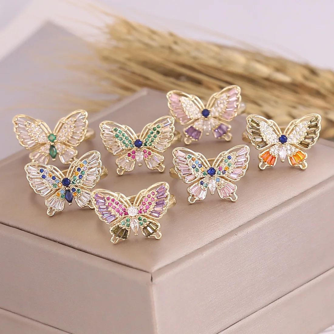 

New Arrival 18K Gold Plated Adjustable Butterfly Ring Multicolor Zircon Butterfly Ring for Women Jewelry