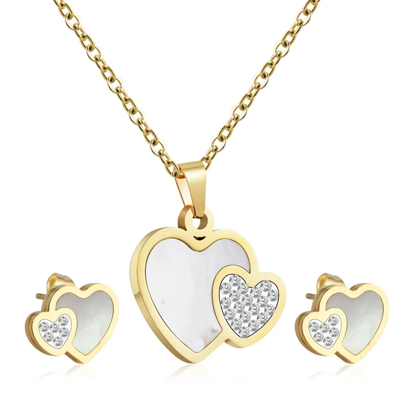 

Stainless Steel Jewelry Sets Heart-shaped White Shell Fashion Classic European Style With Mix Stones Jewelry Sets, Gold rose gold silver