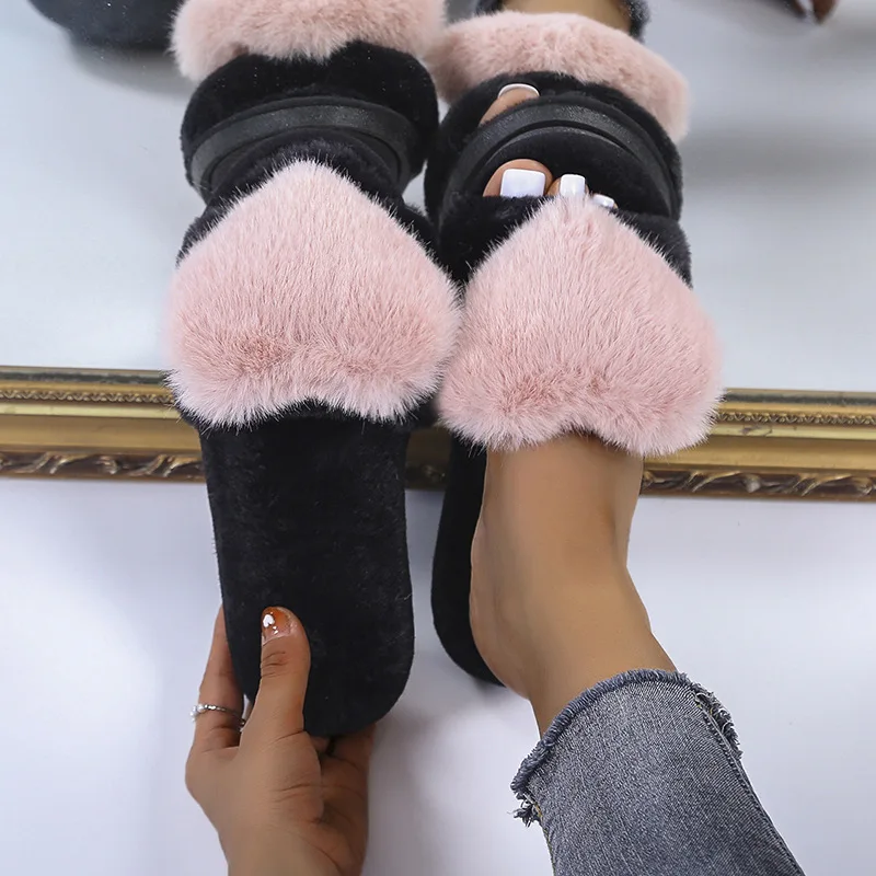 

2021 Women Fur Sandal Jelly Footwear Slide Casual Lady Winter Slipper Outdoor Love Cute Fall Heel Flat New Design Fashion Shoe