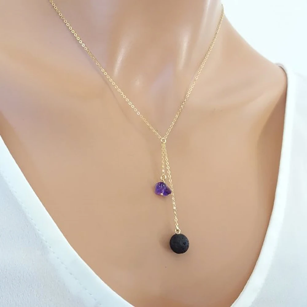 

Dainty Lava With Raw Amethyst Aromatherapy JewelryCrystal Essential Oils Diffuser Pendant Necklace For Women Birthstone Gift