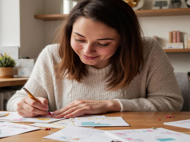 Woman smiling while creating handmade greeting cards from recycled paper