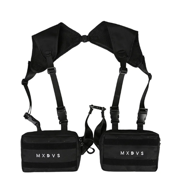 

Functional Utility Shoulder Harness Pack Men Women Chest Rig Vest Bag for Outdoor Travel, Black, white