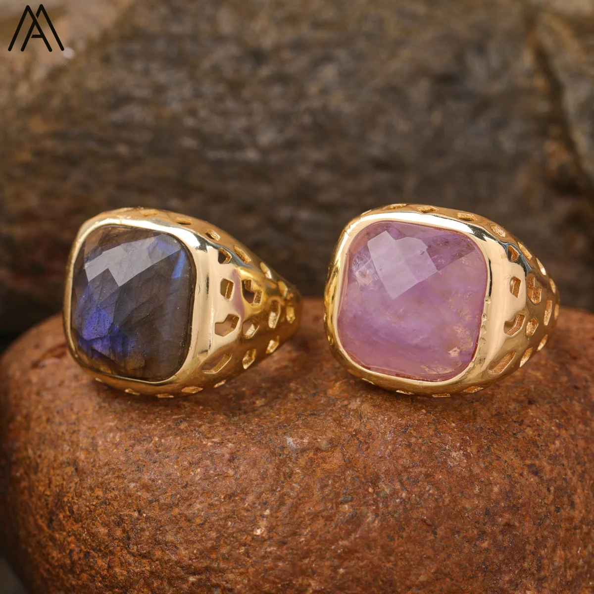 

Luxury Rings Natural Amethyst Labradorite Lapis Healing Crystal Square Shape Gold Ring for Man Party Jewelry