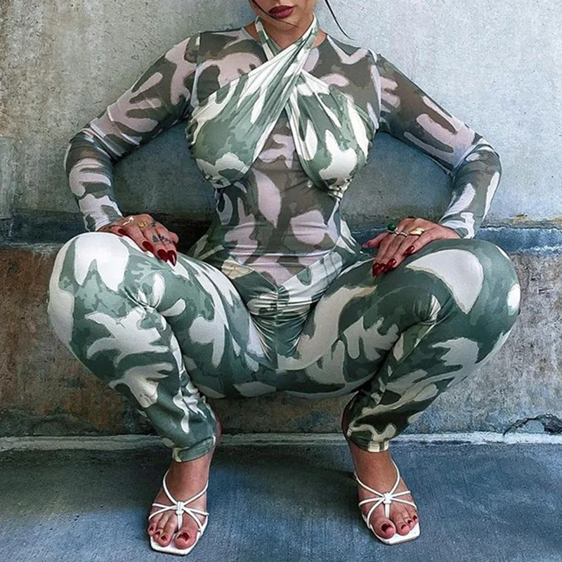 

Criss-cross Halter Skinny Print Lady Jumpsuit Elegant Women One Piece Jumpsuits Casual Long Sleeve Rompers Streetwear C14197