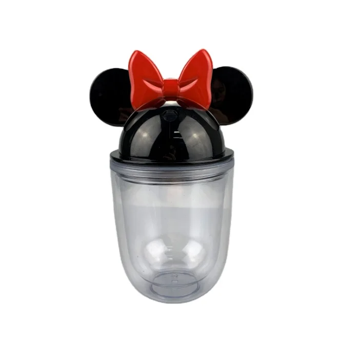 

RTS 350ml BPA Free Hotsale Dome Lid Belly Double Wall Plastic Mickey Ear Minnie Acrylic Mouse Tumbler Cup with Straw