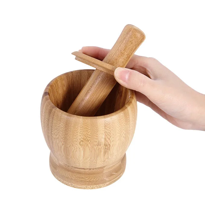 

Hand Mortar And Pestle Garlic Masher Home Kitchen Tools Spice Pepper Bamboo Grinder Masher, Natural bamboo color