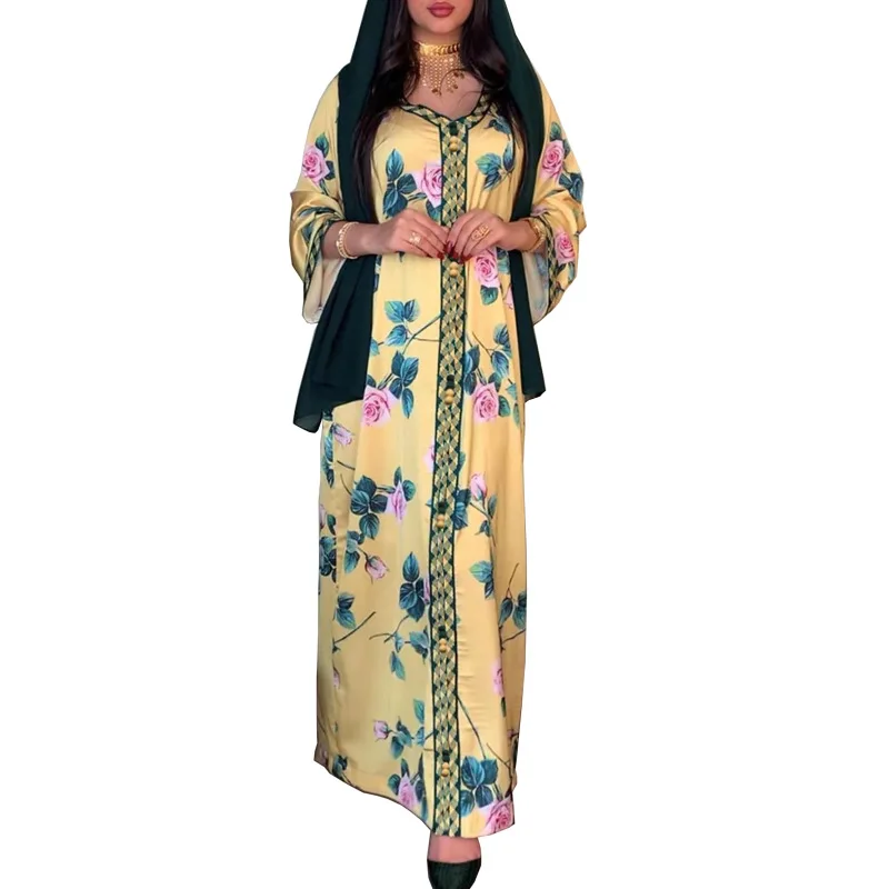 

Ethnic style high waist shoulder lace long sleeve dress Muslim women abaya, Yellow