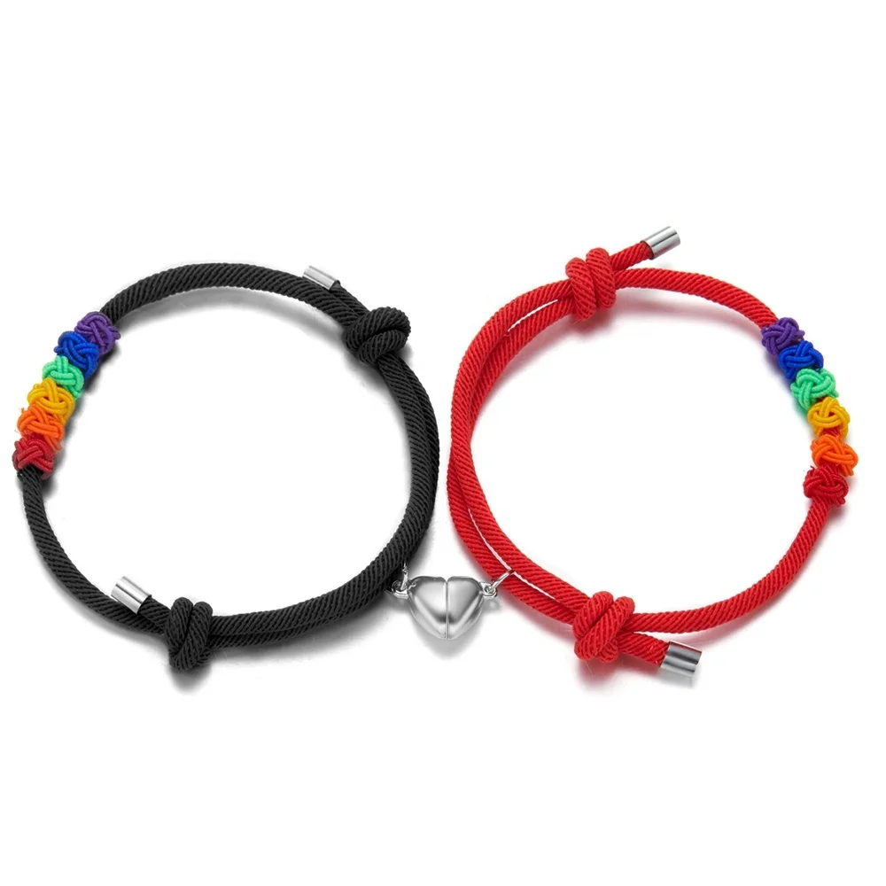 

Best Selling 2022 Couples Jewelry Card Bracelets Lgbt Rainbow Rope Adjustable Magnetic Attacting Heart Charm Bracelet, Mixed colors