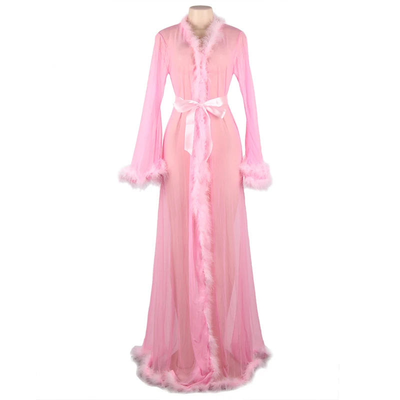 

2021 Valentines day china plus big plus size red mesh adult transparent sexy long night gown fur lingerie robe for fat women