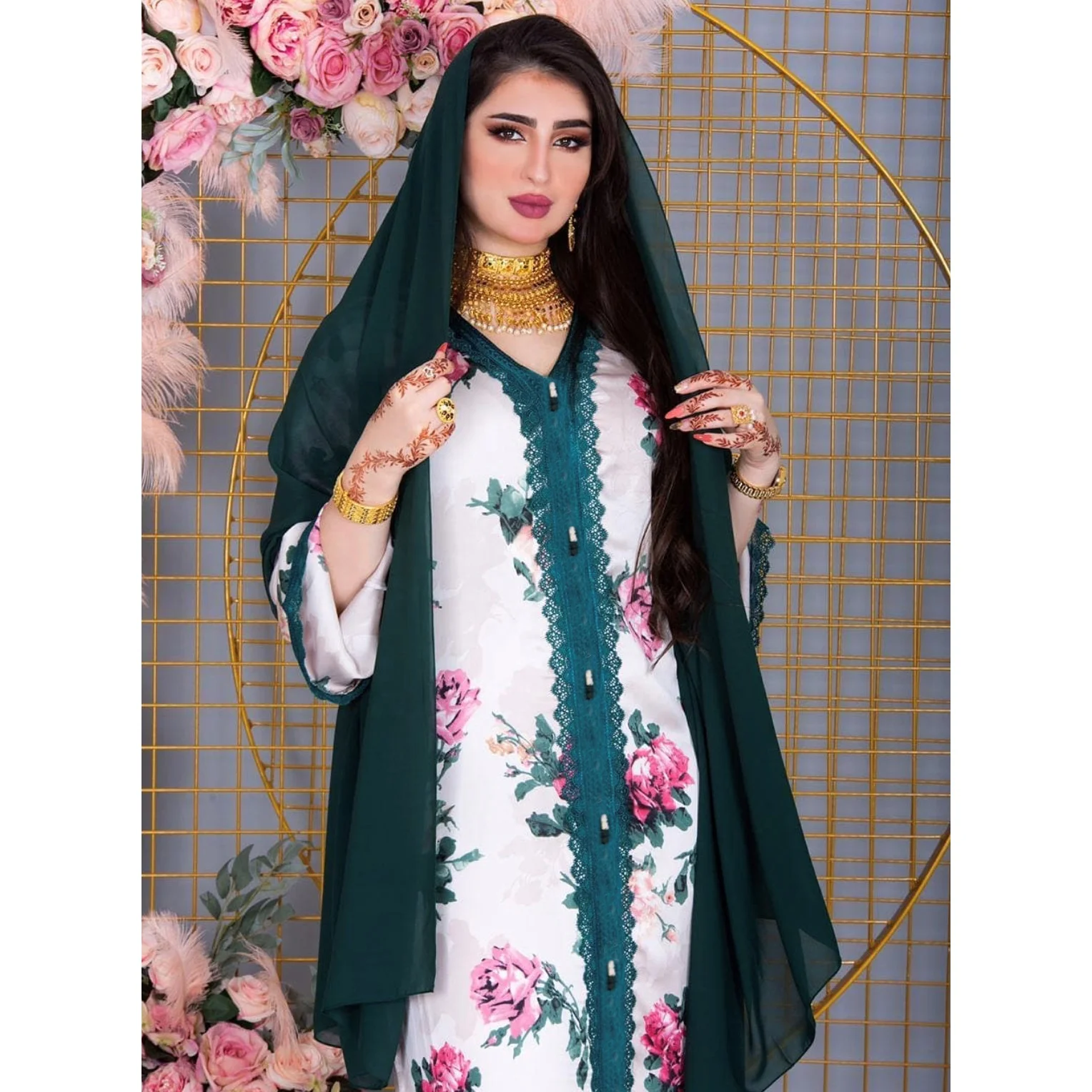 

Wholesale High Quality Islamic Clothing Dubai Women Print Jalabiya With Hijab