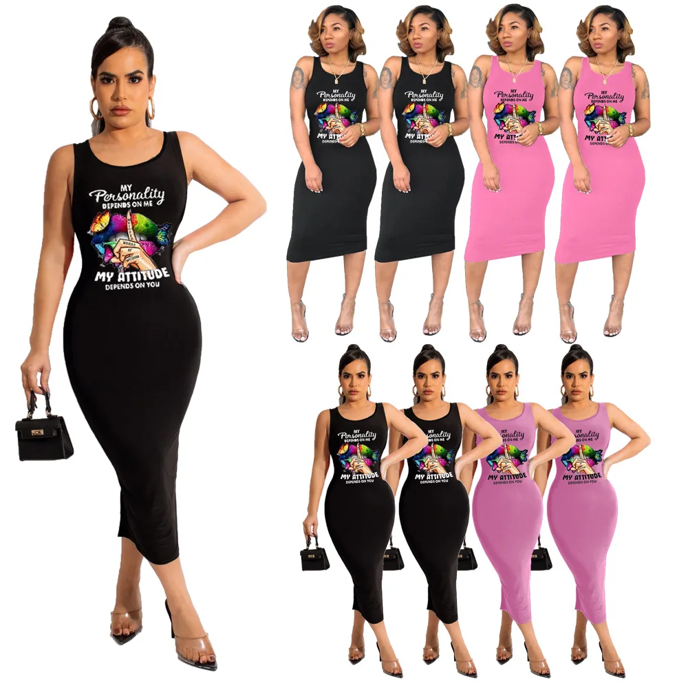 

Woman'S Clothing Made In China Casual Dresses Sleeveless Black Letter Graphic Print Maxi Shirt Tank Dress, Picture color