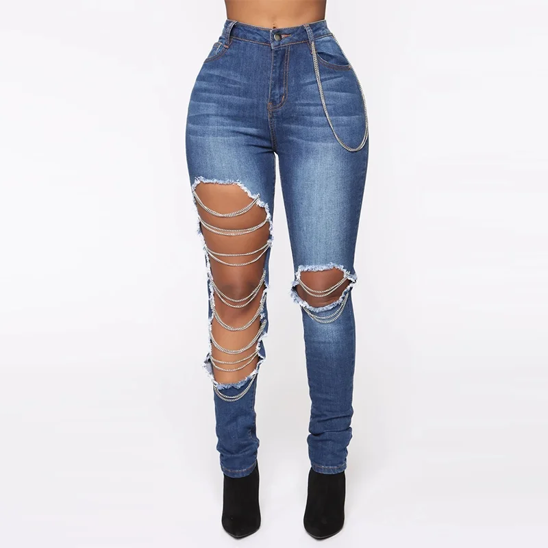 womens ripped jeans with chains