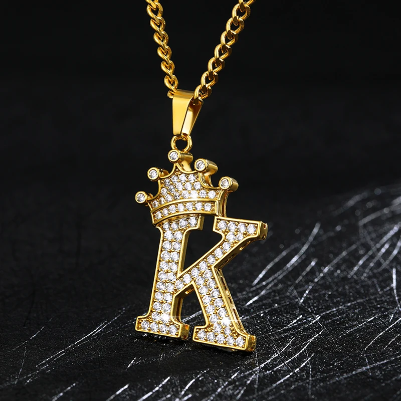 

Personality Hip Hop 14K Gold Diamond Pendant Initial Name Necklace 26 English Letter Crown Necklace Jewelry Wholesale