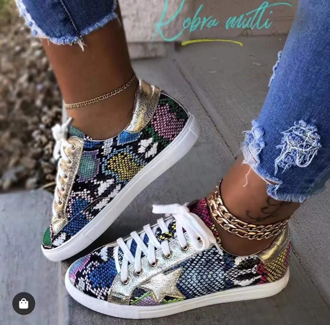 

Autumn and winter hot style European and American snake print PU women's shoes flat sneakers sneakers white shoes