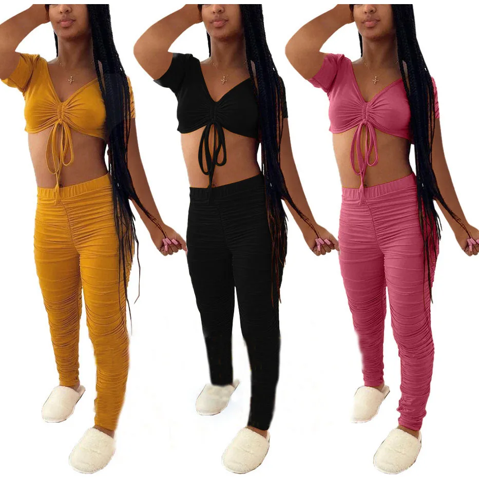 

FS2547D summer Casual drawstring short sleeve tops and stacked pants 2 piece set Tracksuit Outfit for women