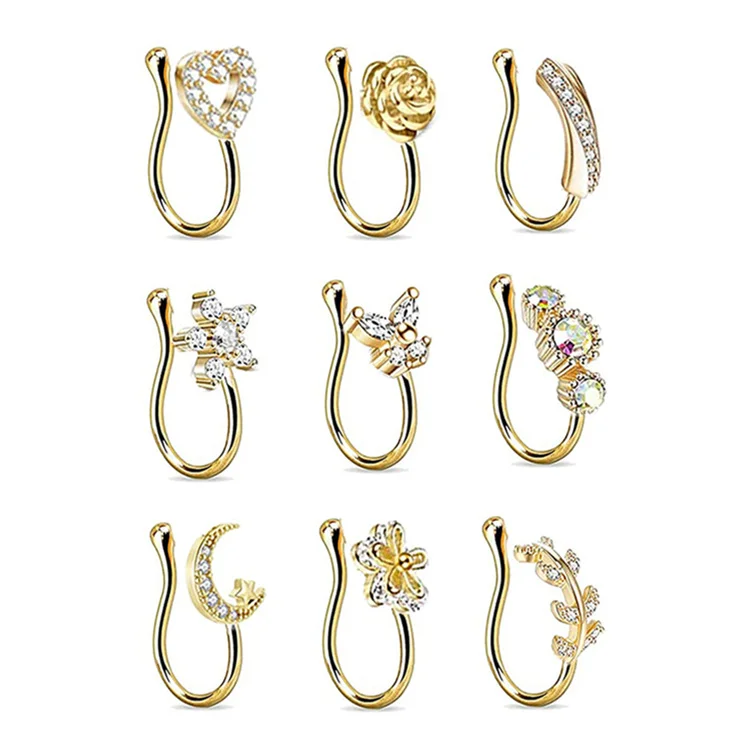 

Hot 9Pcs/Set Clear Zircon Moon Butterfly U Shape Nose Rings For Women Non Piercing Septum Faux Nose Cuffs, Gold/ rose gold/silver