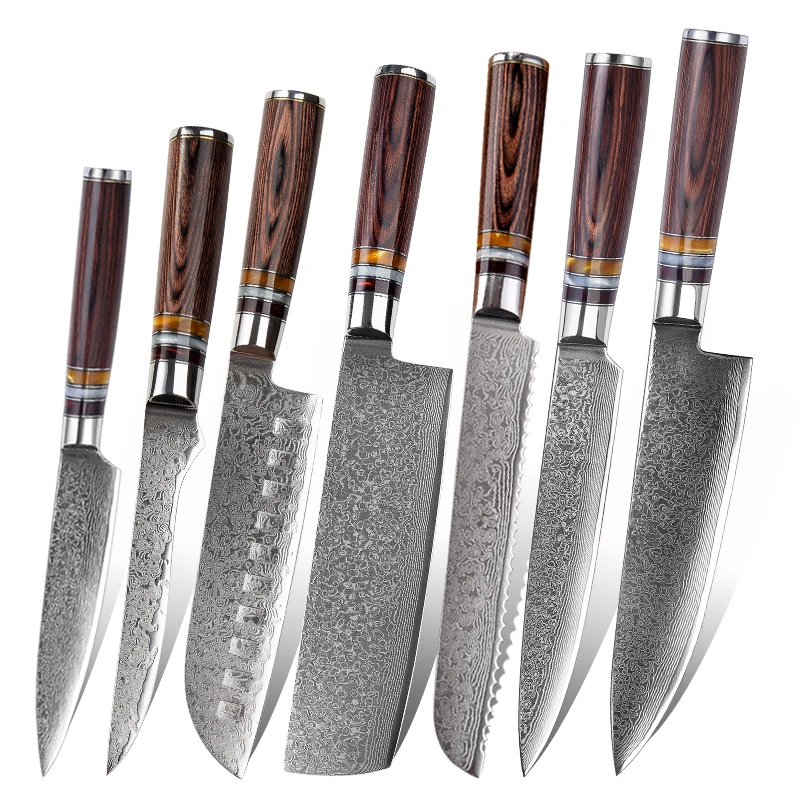 

7pcs Japanese Damascus Kitchen Knife Set 67 Layers Damascus Steel Santoku Boning Kiritsuke Cleaver Utility Chef Knives Set