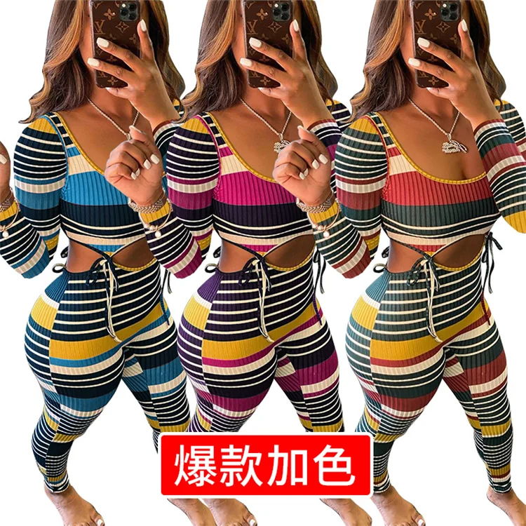 Fashion 2 PCS Outfits Tracksuit Rib Colorful Striped Cutout  Long Sleeve Fall Women Clothing Two Piece Set