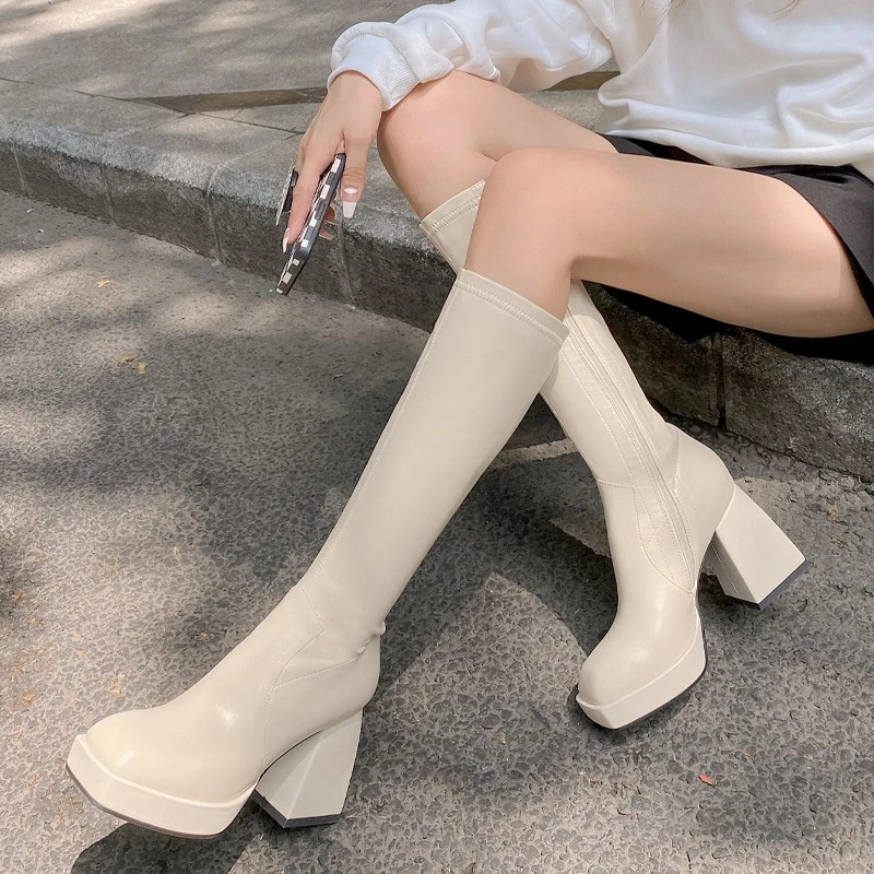 

Women Genuine Leather Knee High Boots Women Platform Thick Heel Shoes Square Toe High Heel Long Boot Ladies Zip Cool Knight Boot