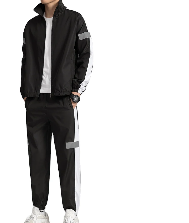 

2021 new sports suit reflective strip tooling cardigan stand collar jacket men's two-piece suit