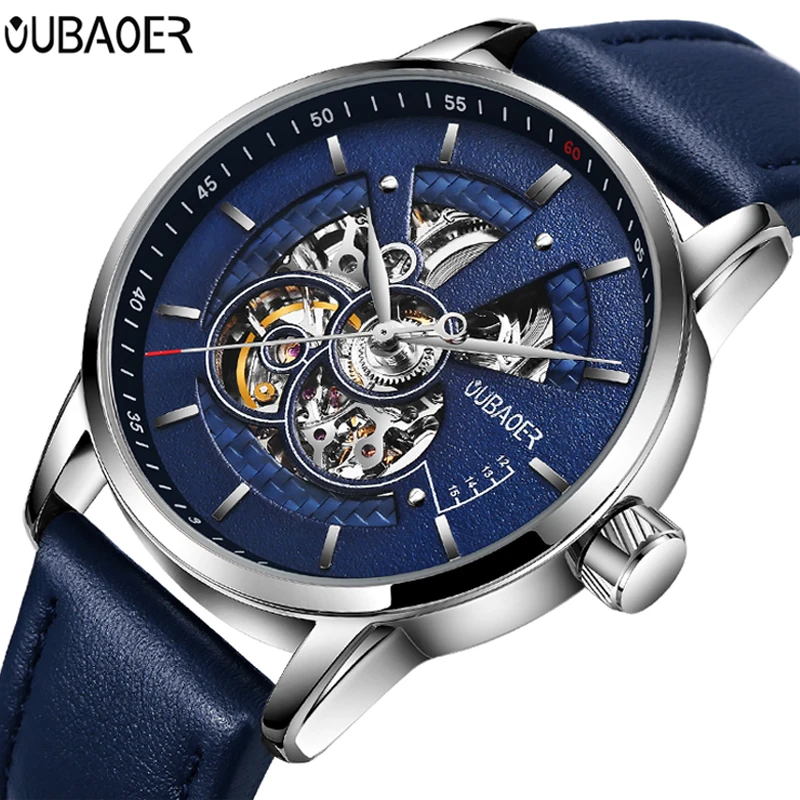 

OUBAOER 2001 king blue mens mechanism watch stylish Genuine Leather Strap Waterproof automatic gear business wristwatch