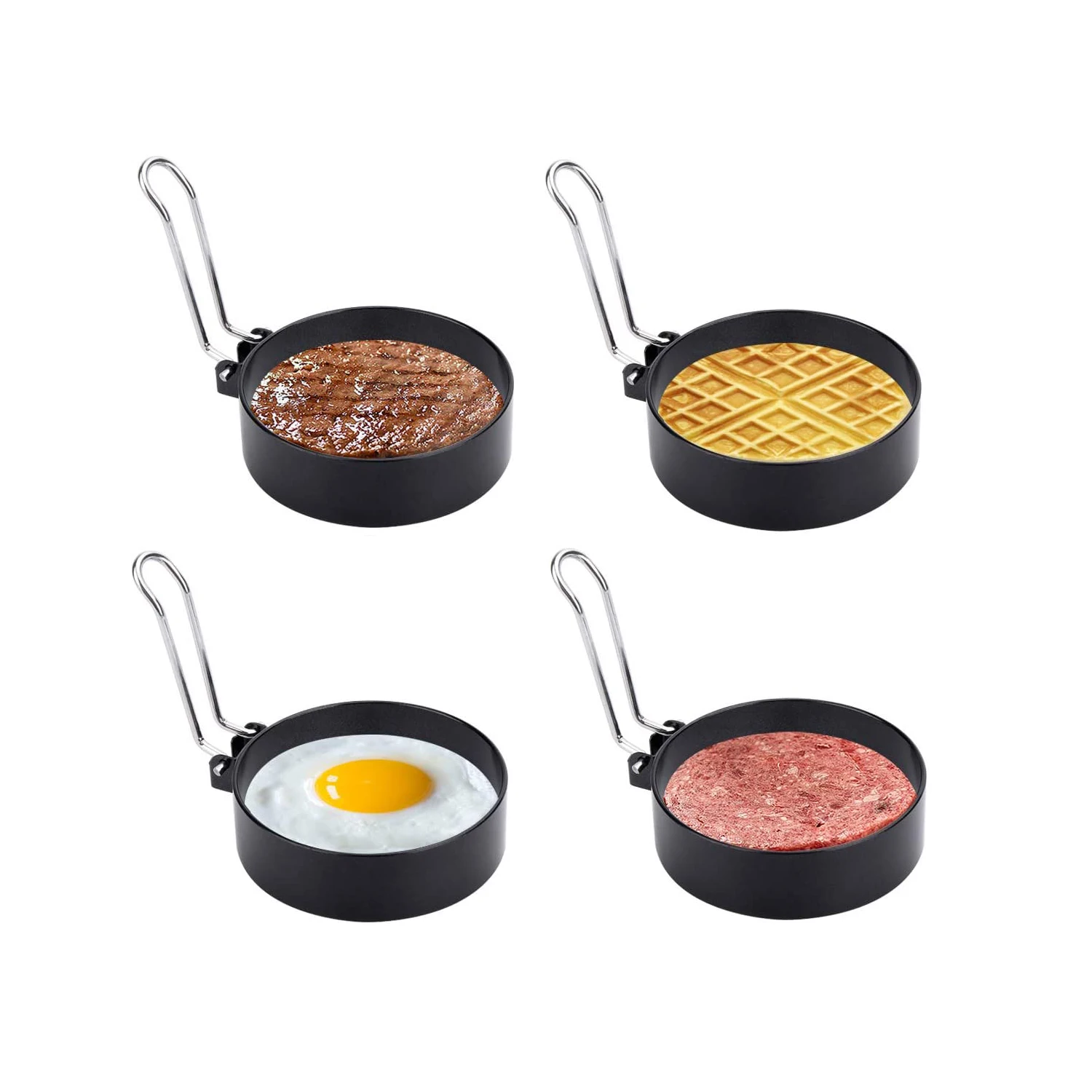 

Cooking Tool Metal Handle Stainless Steel Frying Mold Egg Ring Set, Black