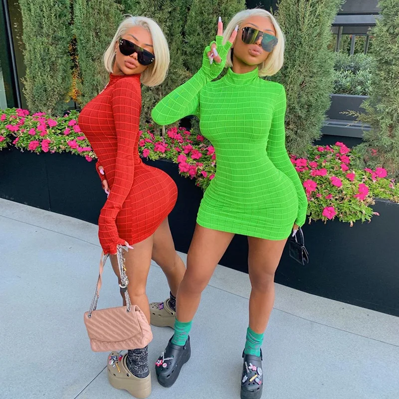 

New women's fashion solid color long sleeve round neck slim sexy long sleeve dress