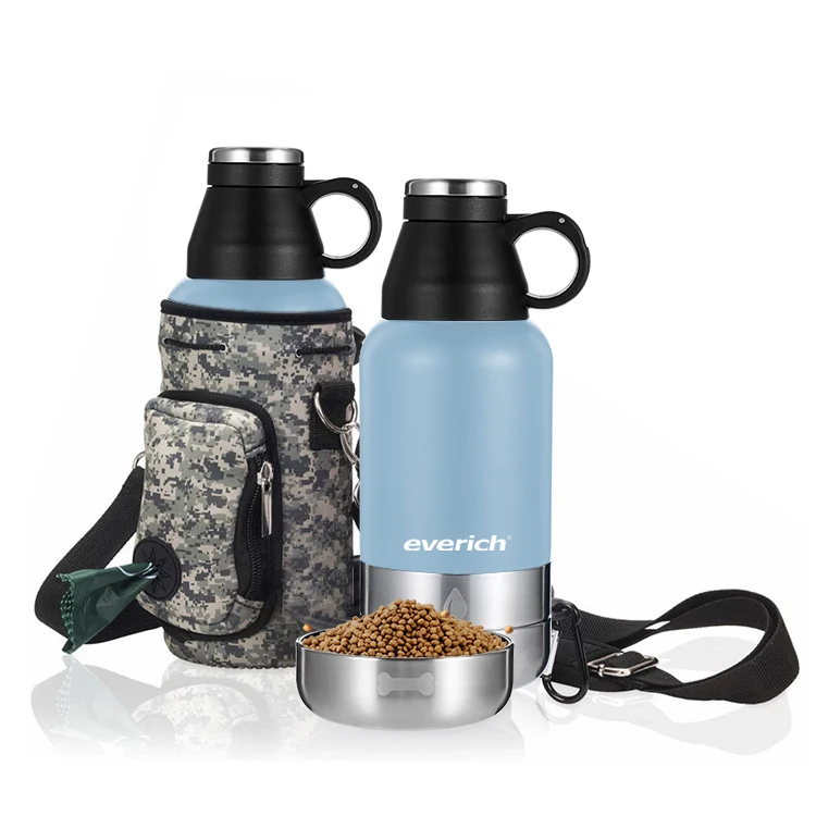 

Hot sale new insulated dog cat travel drinking stainless steel pet water bottle with food feeder bowl and bag