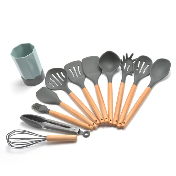 

11pcs Kitchen Tools Spoon Spatula Wooden Handle Silicone Cooking Utensils ZGJ-0302