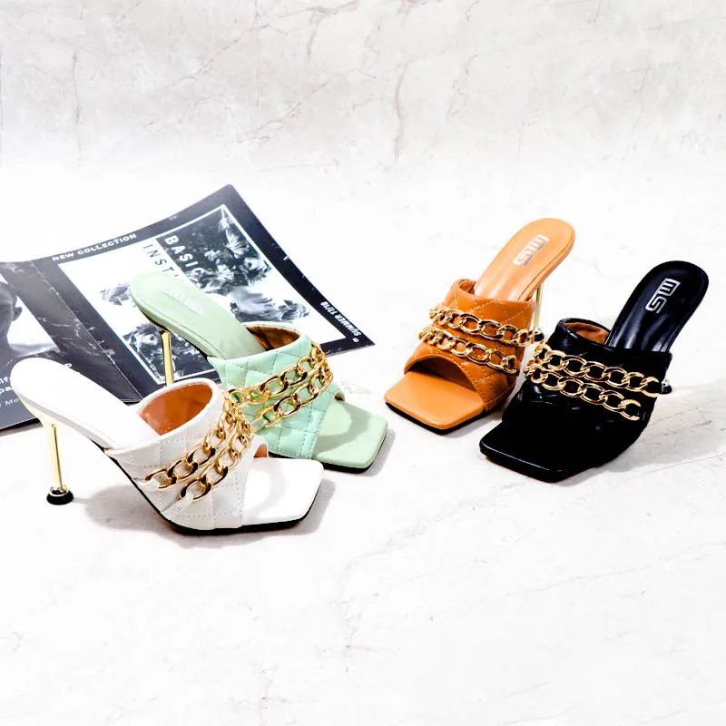 

2021 New Summer Slip On Slides Gold Metal Chains Stiletto Heels Sandals For Women