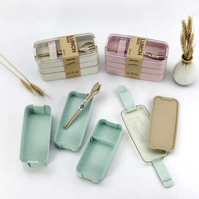 Rectangle Eco Friendly Wheat Straw Food Storage Container Reusable 3 layer Lunch Box