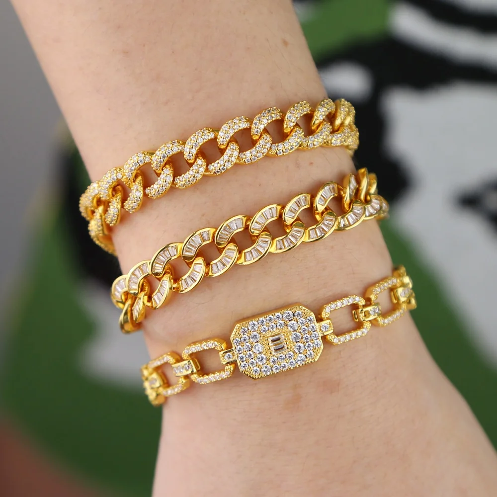 

Iced out Hip hop bling micro pave cz women jewelry 17cm Miami cuban link chain bracelet