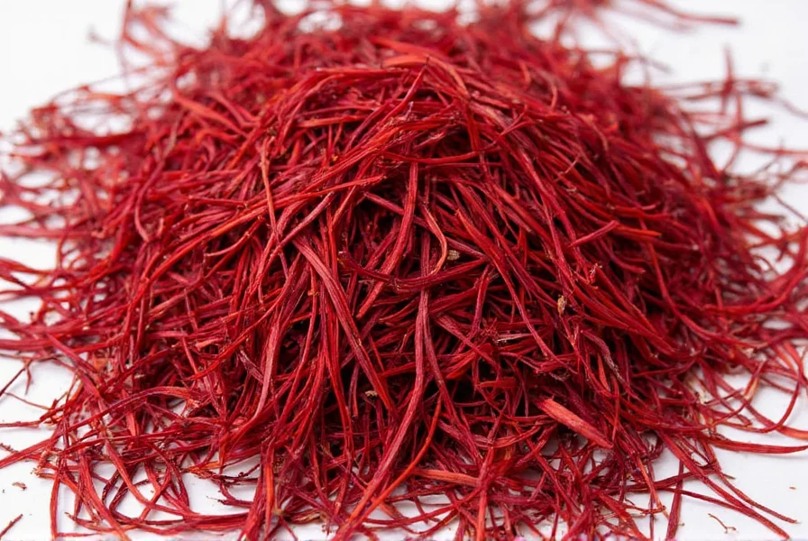 Close-up photograph of high-quality saffron threads showing deep red color with orange tips against white background