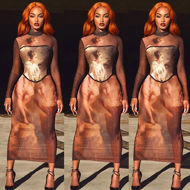 

Fashion Vintage Mesh Greece Print Patchwork Long Sleeve Long Dress And Camis Sexy 2 Piece Sets Indian Women Clothing