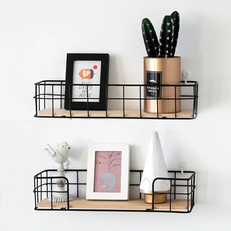 

Best sell Wall Mounted Rustic Metal vintage wall shelves floating Wood Wall floating Shelf Wire Storage Shelves, Black