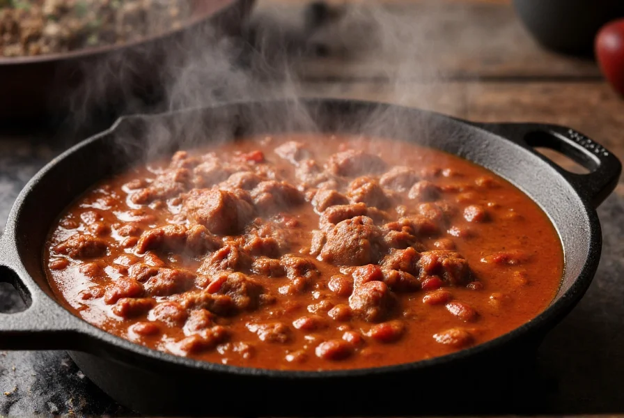 Texas Red Championship chili in cast iron pot with steam rising, rich mahogany color, chunks of tender beef visible