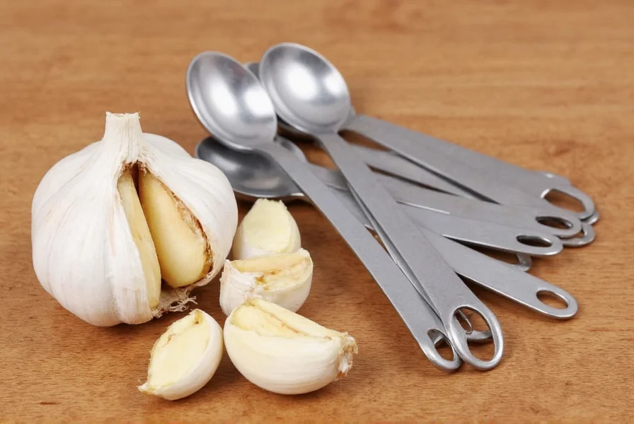Garlic cloves next to measuring spoons showing conversion