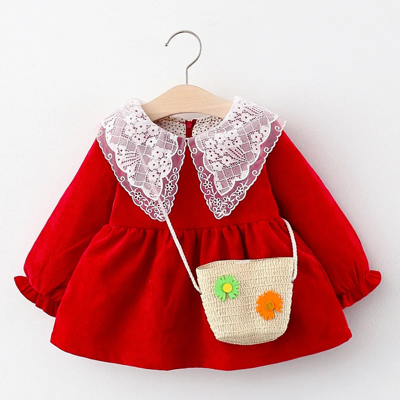 

Children's clothing girls 2021 spring and autumn new long-sleeved lace collar corduroy dress princess dress western style