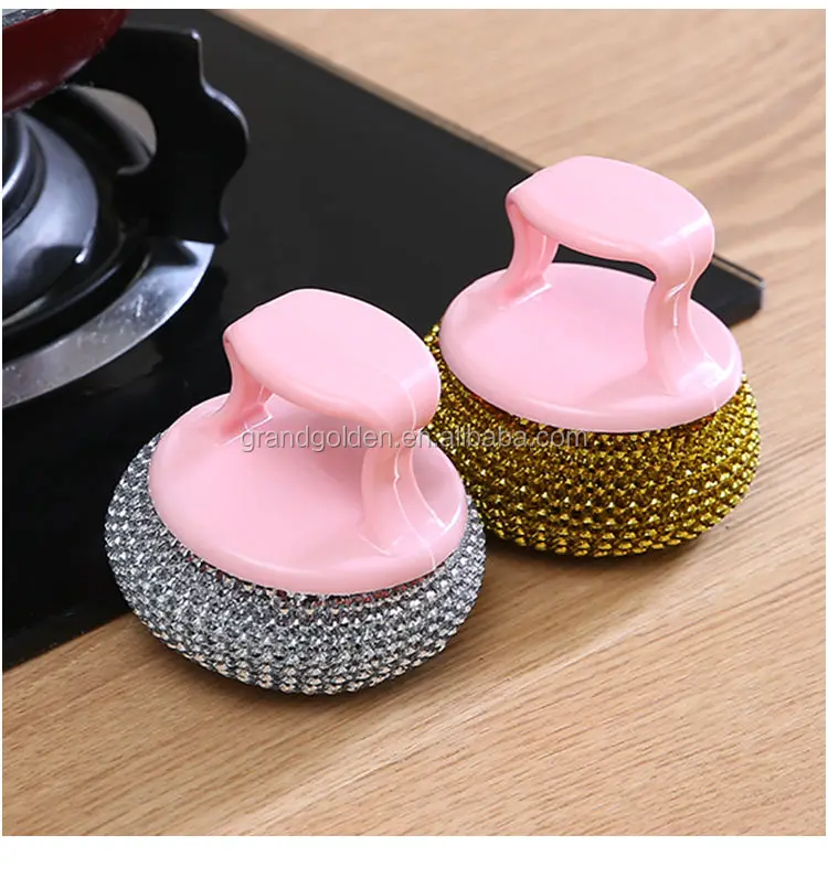 

PET Wire Scouring Scrubber Kitchen Washing Dish Palm Brush Cleaning Ball With Handle