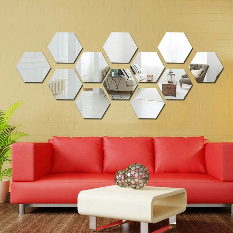 

12Pcs/Set Hexagonal 3D Mirror Wall Stickers Restaurant Aisle Floor Personality Decorative Mirror Paste Living Room Sticker