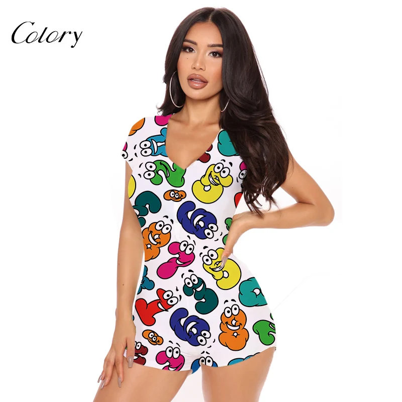 

Colory Bodycon Adult Pajama Bodysuit Jean Short Jumpsuit, Picture shows